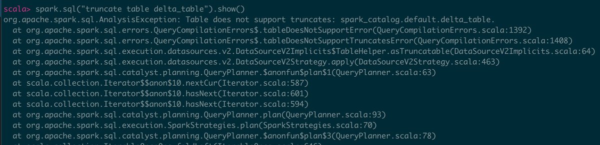 Ah, so that's the explanation why I didn't see TRUNCATE TABLE in #DeltaLake OSS (and on #Databricks).

It is simply not supported in OSS 🤷‍♂️