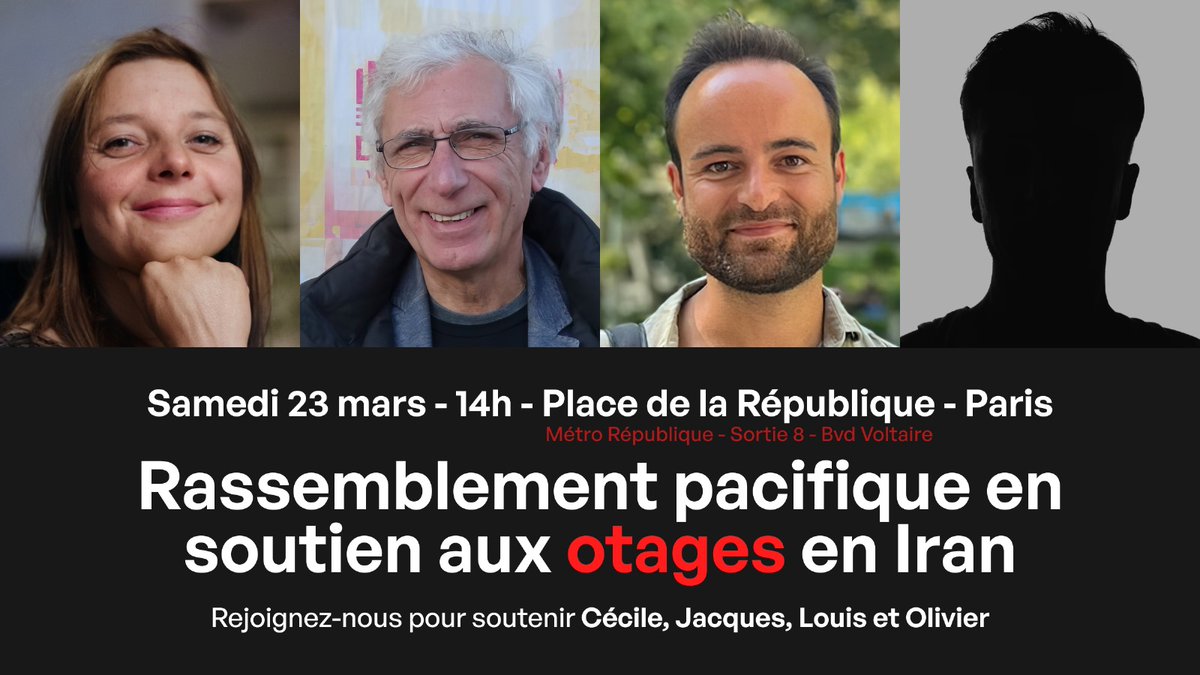 Rejoignez-nous aujourd'hui place de la République à Paris à 14h pour exiger la libération des #otages en #Iran et leur envoyer de la force ! #FreeCecileKohler #FreeJacquesParis #FreeLouisArnaud #FreeOlivier @FreeCecile_ @freelouisarnaud