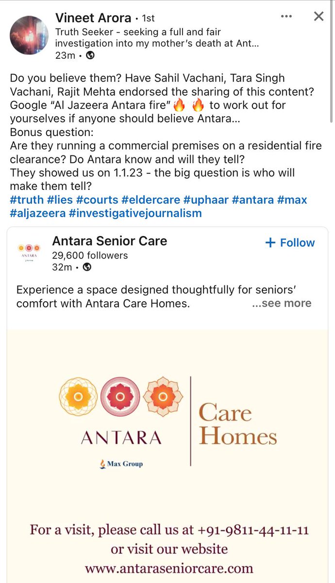 Should we trust Antara?
Google 'Al Jazeera Antara fire' & decide. Plus, are they operating a commercial premise with residential fire clearance?

#truth #lies #courts #eldercare #uphaar #antara #max #aljazeera #investigativejournalism