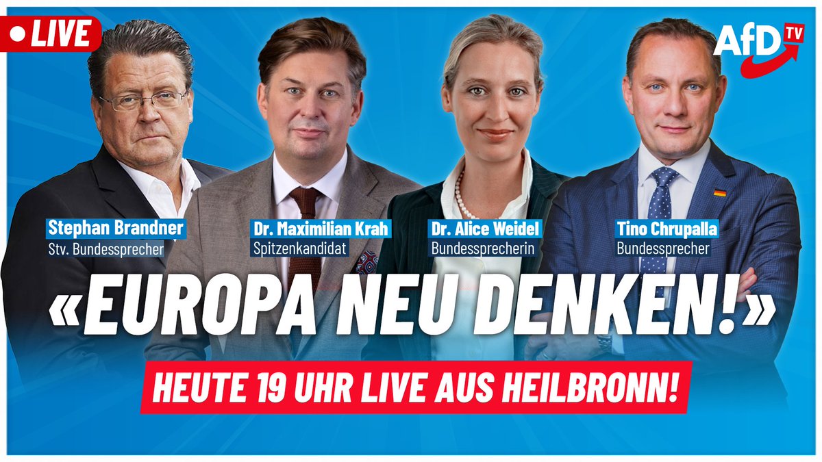 Nicht verpassen: Heute ab 19 Uhr Livestream aus #Heilbronn! #AfD #Europaneudenken

youtube.com/live/VjjbqNPMF…