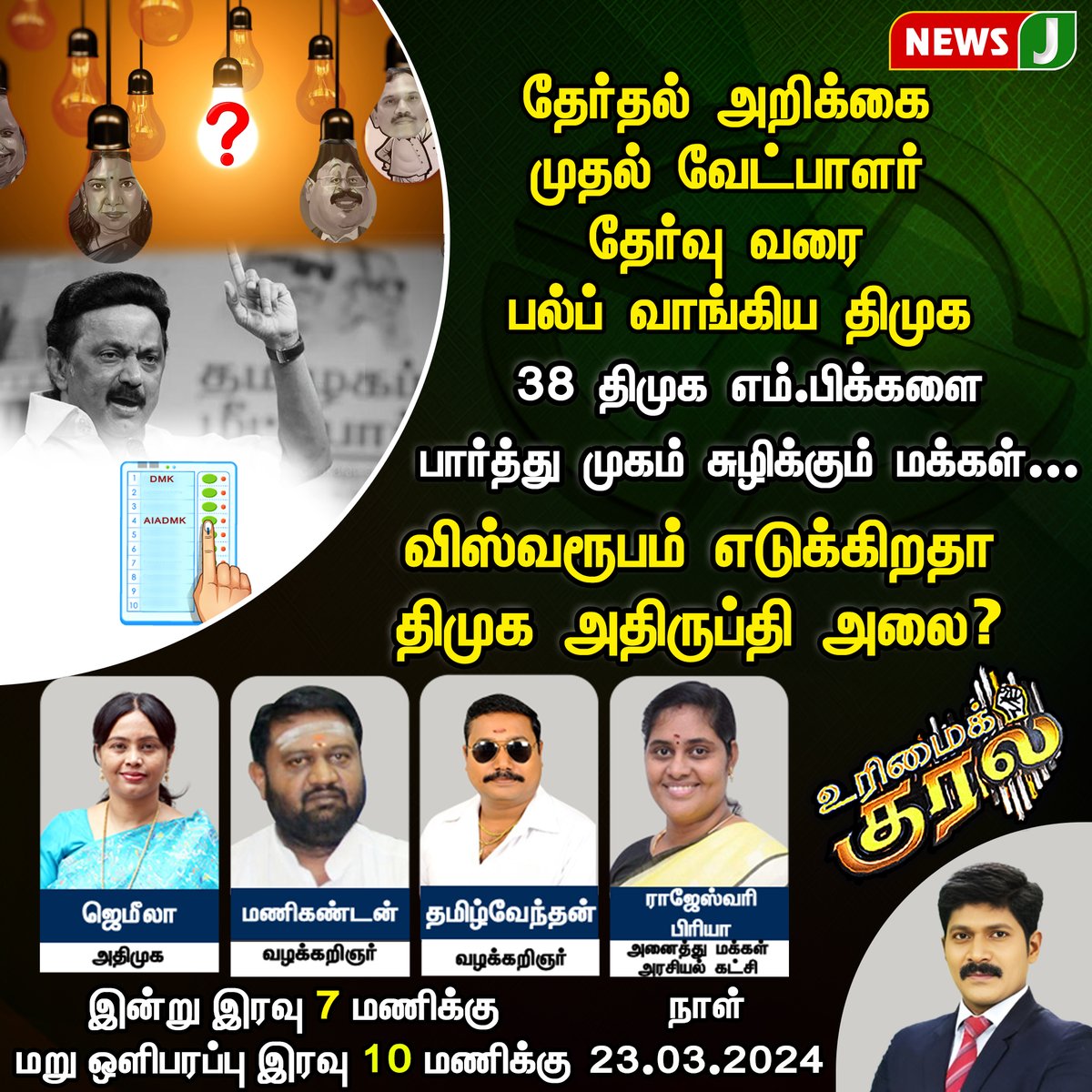 NewsJTamil's tweet photo. #urimaikural || விஸ்வரூபம் எடுக்கிறதா திமுக அதிருப்தி அலை?
#2024Election #2024electionupdate #dmkfiles #dmkgovt #dmkmp #dmkminister #dravidamodel #newsj #newsjtamil https://t.co/a6TlrGvh9x