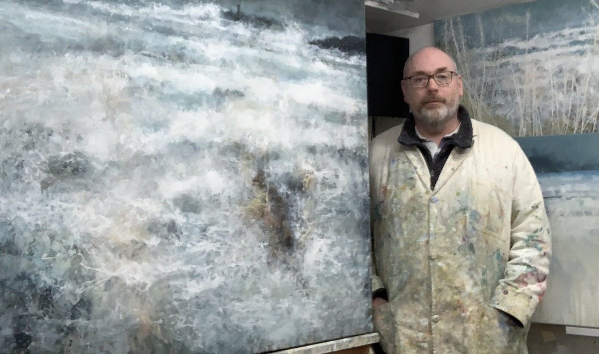 Yesterday in the studio. Paintings looking nearly finished. Me looking self conscious. The studio is bursting with work towards various shows I am involved in over the next few months. #Studio #painterinthestudio #paintersprogress #seapaintings #scottishcoast #dorsetcoast