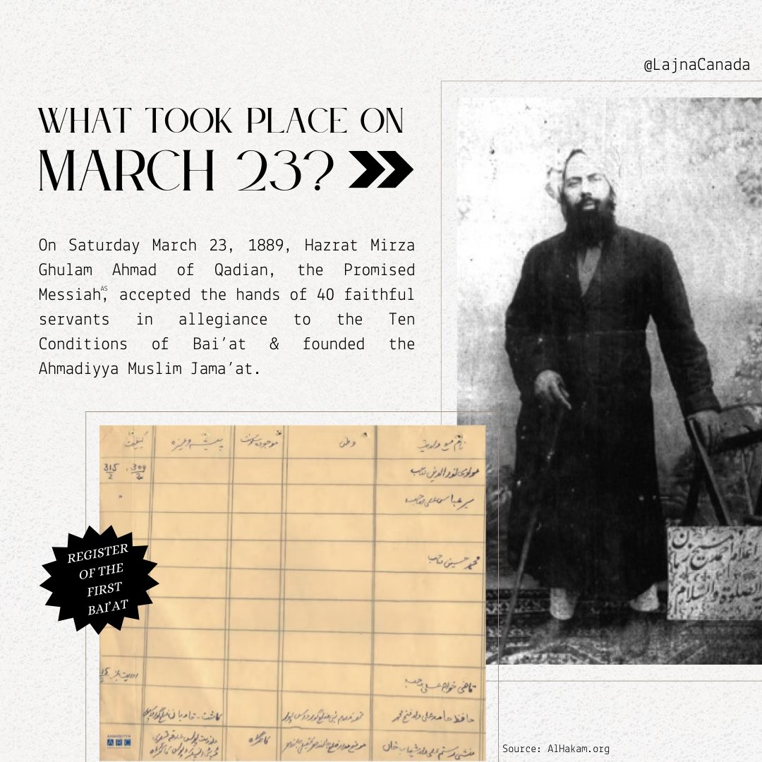 LajnaCanada's tweet photo. As we hold Jalsa Masih Maud (ra) today, read through to learn more about ~what took place 135 years ago on March 23 and ~why this day is commemorated all around the ๐
#PromisedMessiahDay
#islam #ahmadiyyat #muslim #muslims #messiah #messiahhascome #promisedmessiah #alhakam https://t.co/vCFcUWBR2U