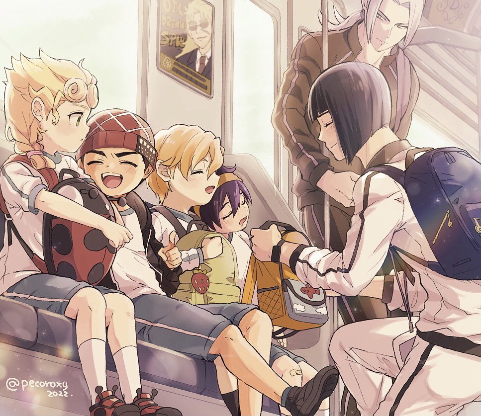 bruno bucciarati ,giorno giovanna ,guido mista ,narancia ghirga ,pannacotta fugo smile open mouth short hair blonde hair black hair hat sitting  illustration images