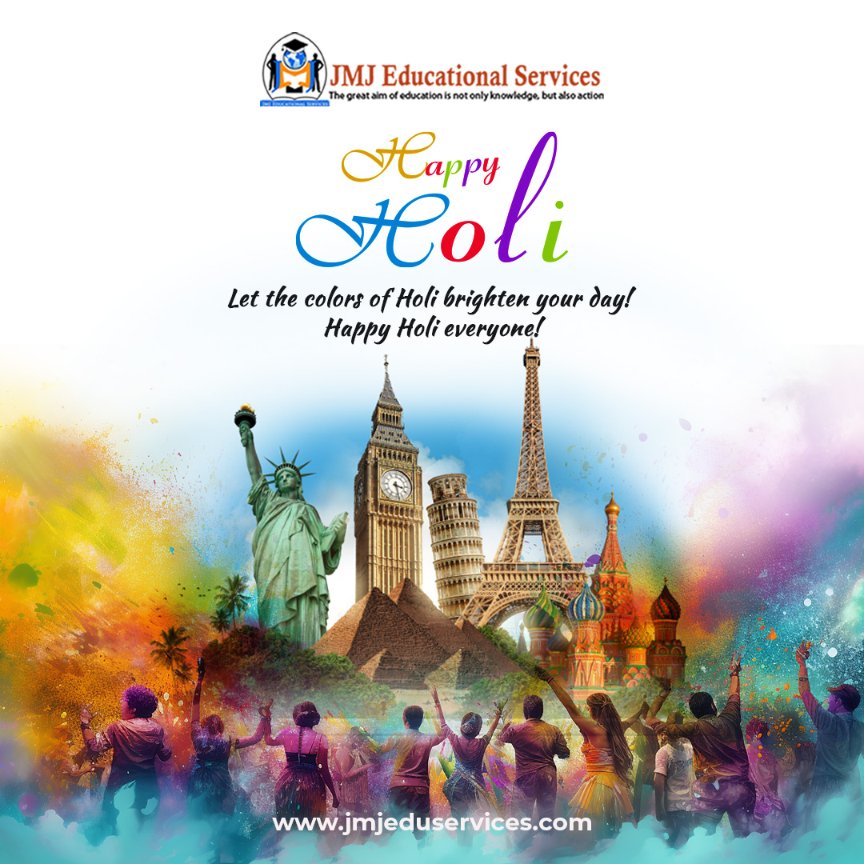 Happy Holi! Let the vibrant colors of this festival brighten your day and fill your heart with joy! Wishing everyone a wonderful celebration from JMJ Educational Service. #JMJEducationalService #HappyHoli #FestivalOfColors #JoyfulCelebration #ColorfulGreetings #HoliVibes