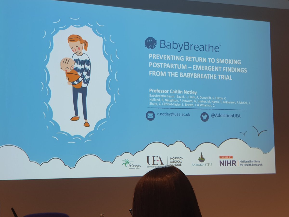 Caitlin Notley @caitlinnuea presents baseline findings at #SRNT2024 on the Babybreathe trial, looking to prevent relapse back to #smoking after giving birth among people who quit just before or during #pregnancy @AddictionUea @LynneDawkins @UeaMed