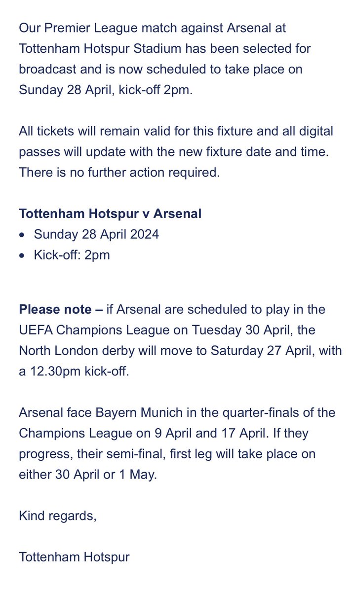 As always fans come second. We have to wait until the outcome of the Bayern tie & the SF draw before we know what day the NLD is on. Fans can’t plan their trip or their weekend. Just make it the Sat lunchtime. Pick a date that can’t be changed. All cos Sky want their Super Sunday