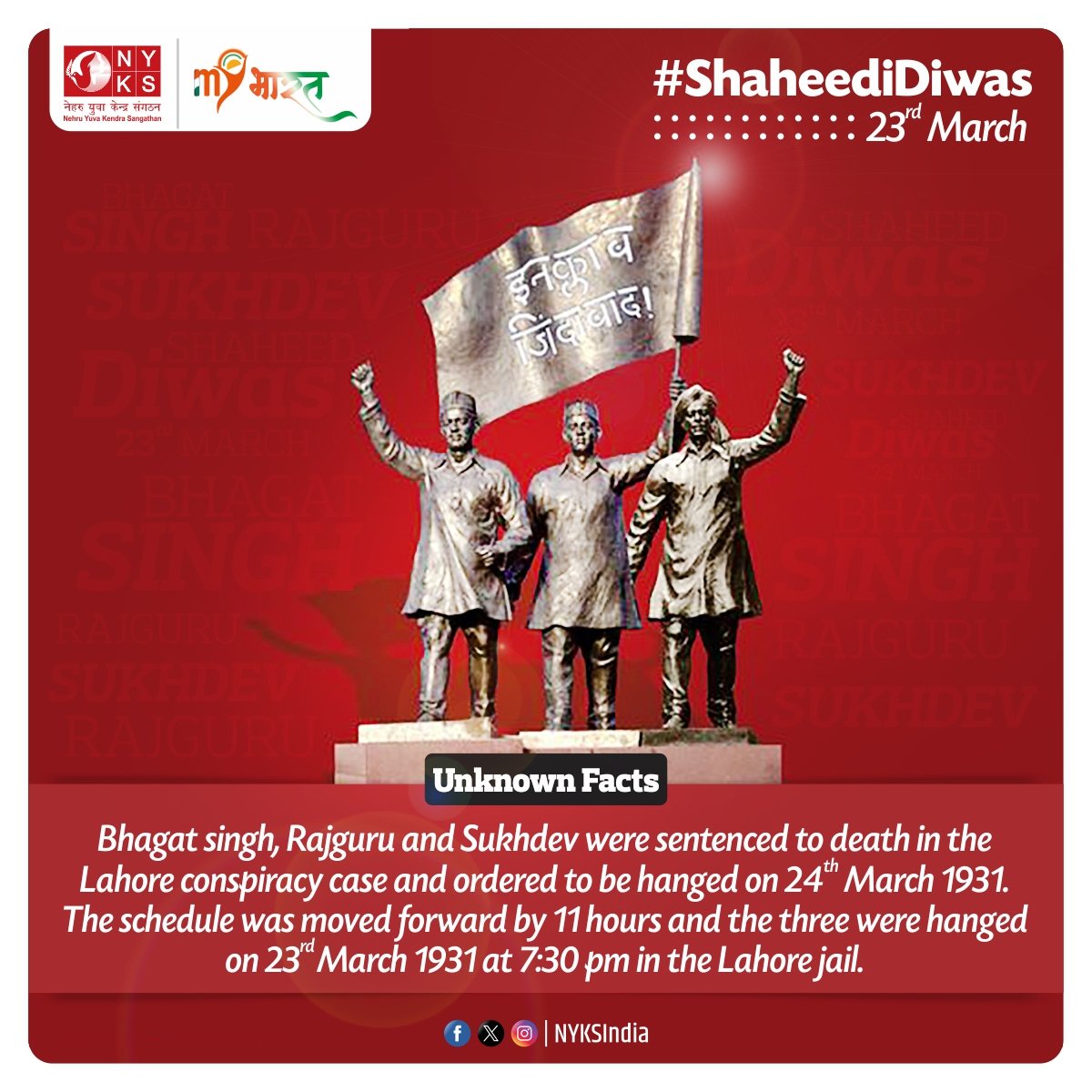 On March 23, 1931, Bhagat Singh, Rajguru, and Sukhdev were martyred for their unwavering commitment to India's freedom. Let's honor their sacrifice and remember their courage as we continue to strive for justice and equality. #MartyrsDay #ShaheedDiwas2024 #ShaheedBhagatSingh