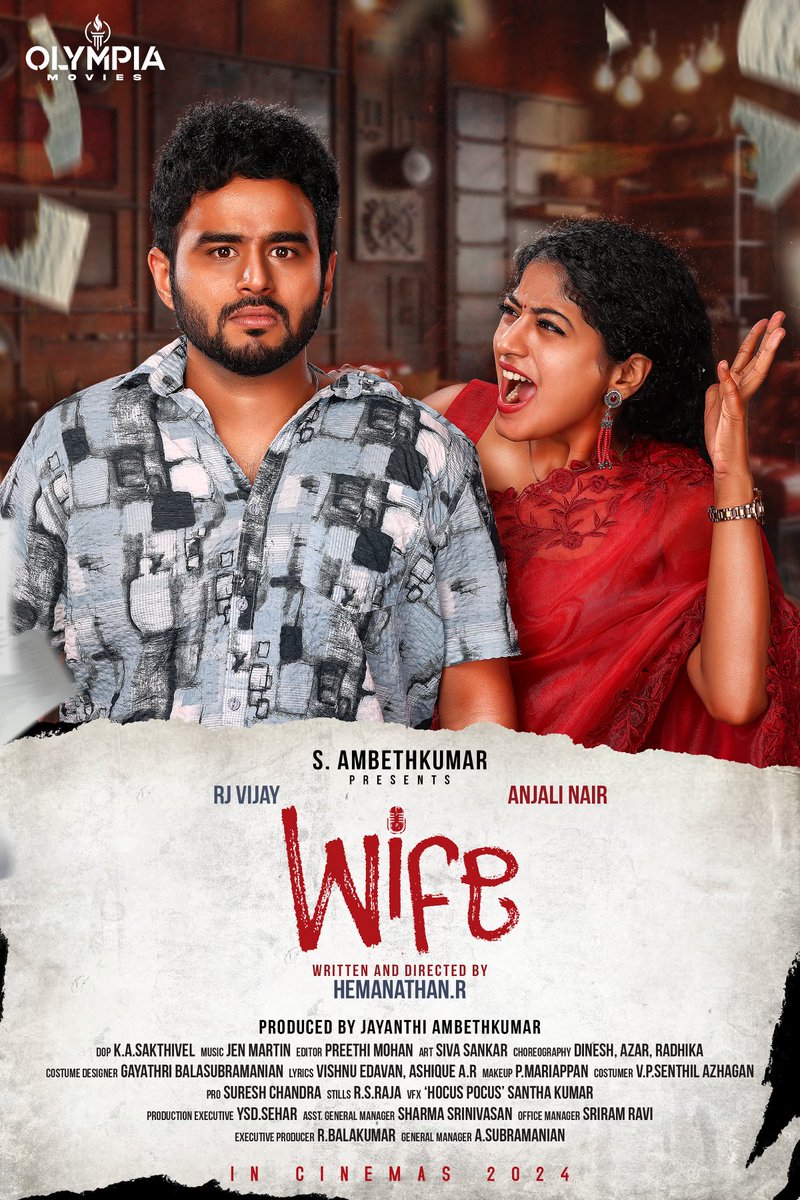 For her, Everything is Fair ❤️ Presenting the First Look of Rom-Com #Wife starring @RJVijayOfficial & @ianjalinair Directed by @dir_hemanathan Produced by @ambethkumarmla @olympiaMovis@Abishek_jg @shakthi_dop @PMohan93 @gayathribala21 @sharmaseenu11 @Sriramravi33 @DoneChannel1