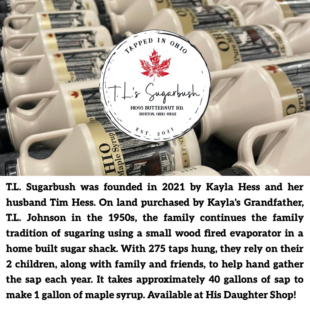 🍁 It’s the yummiest time of the year! We sell T.L.’s Sugarbush maple syrup! What’s your favorite way to enjoy maple syrup? 🤤🍁

#hisdaughtershop #middlefieldOH #Geauga #geaugacounty #Ohio #shoplocal #ShopSmall #MapleSyrup #maplesyrupseason #vendors #yum #pancakes #coffee #tea
