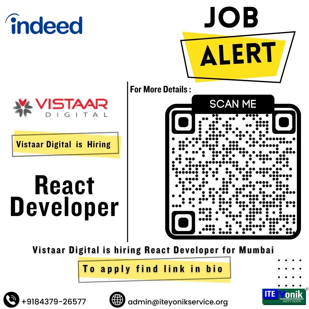 ITEYONIKService's tweet image. @vistaardigital is hiring #react_developer
Resource credit @indeedworks
Job Alerts by @iteyoniks_training_internships
shorturl.at/gtNOW
#Iteyoniks #jobalert
#Naukri #Indeed #careeropportunity
#jobsearch #employment #jobvacancy #jobposting #applynow #borivali #Mumbai