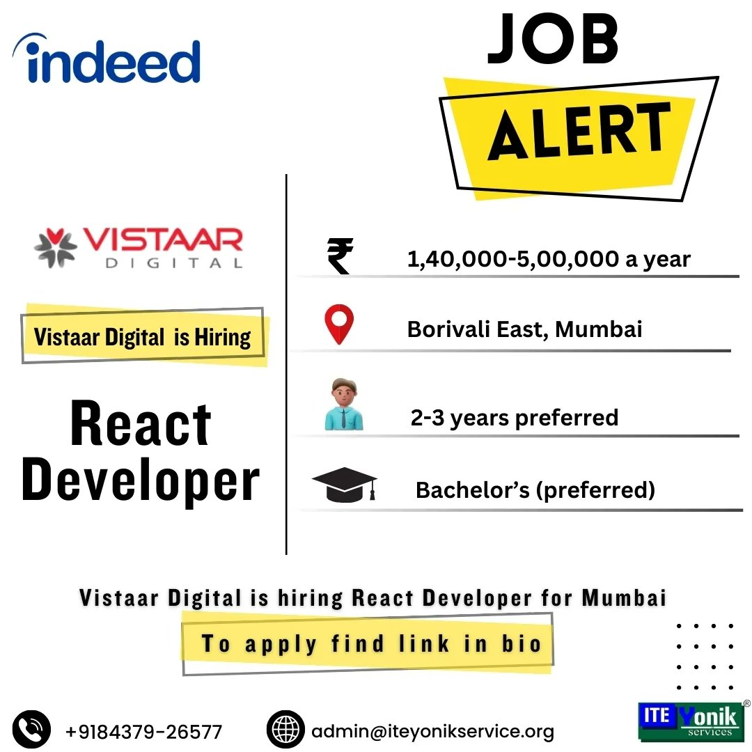 ITEYONIKService's tweet image. @vistaardigital is hiring #react_developer
Resource credit @indeedworks
Job Alerts by @iteyoniks_training_internships
shorturl.at/gtNOW
#Iteyoniks #jobalert
#Naukri #Indeed #careeropportunity
#jobsearch #employment #jobvacancy #jobposting #applynow #borivali #Mumbai