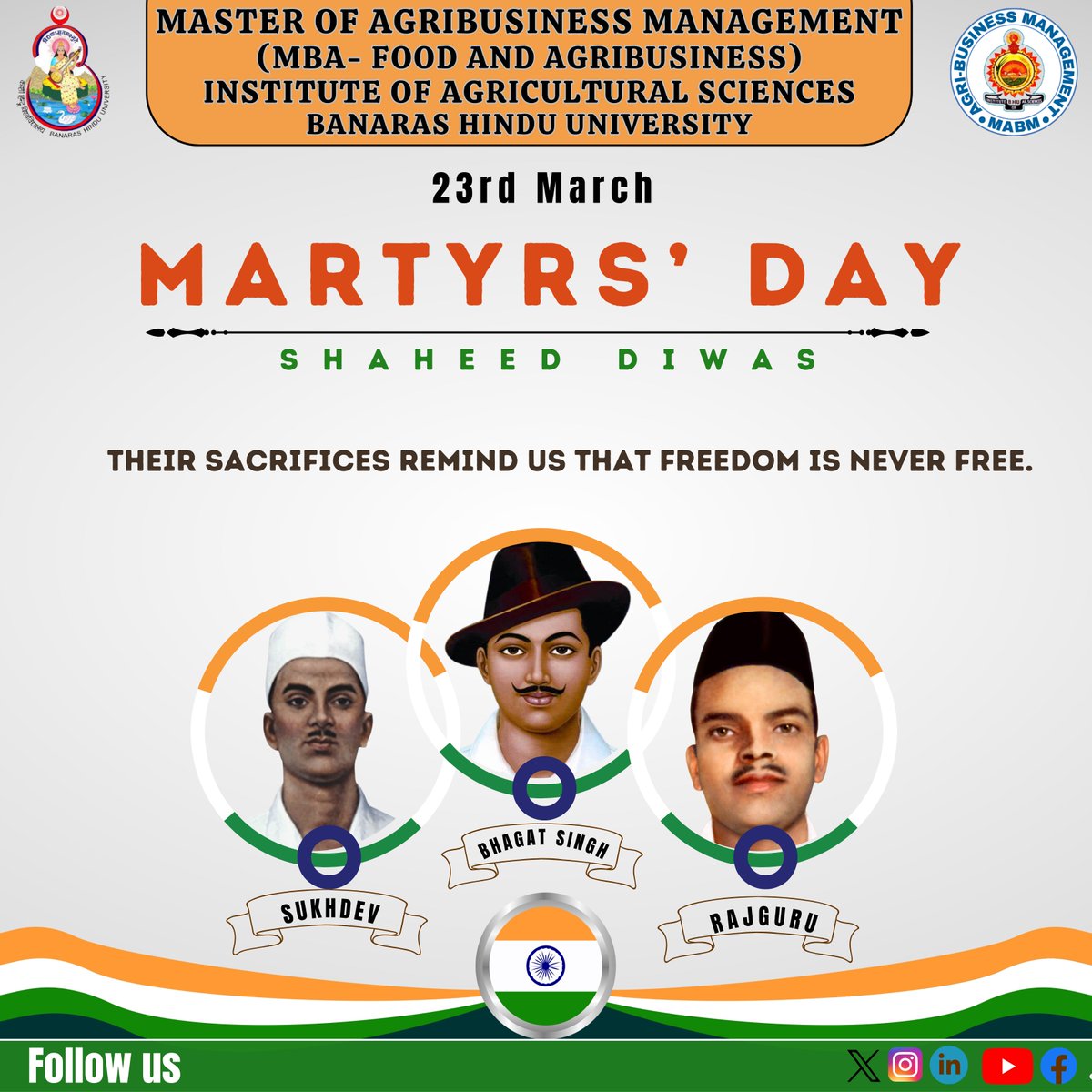 BhuMabm's tweet photo. On this solemn occasion of Martyrs' Day, let's pay tribute to the brave souls who sacrificed their lives for the greater good. Their unwavering courage and sacrifice will forever be etched in our hearts and memories. Let us honour their legacy by striving for peace and justice. https://t.co/jMlcuekMAs