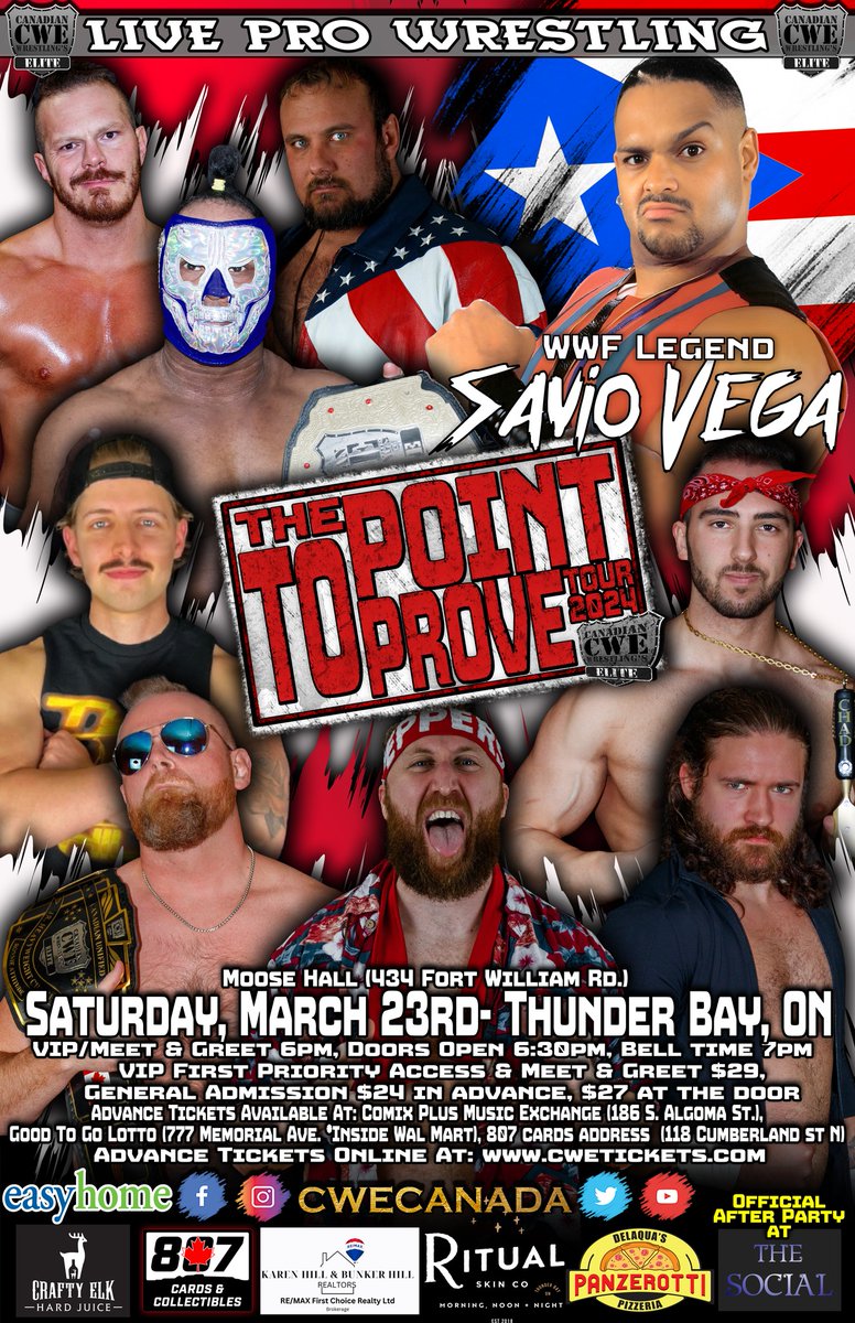 TONIGHT! @CWECanada #ThunderBay #Ontario Ft #WWF #Legend @SavioVega @HotshotDannyD @shaunmartens @josh_cheeks @ronnieattitude @sammypeppers_ @kevinjhcannon & more! #cwe #wrestling #tbay