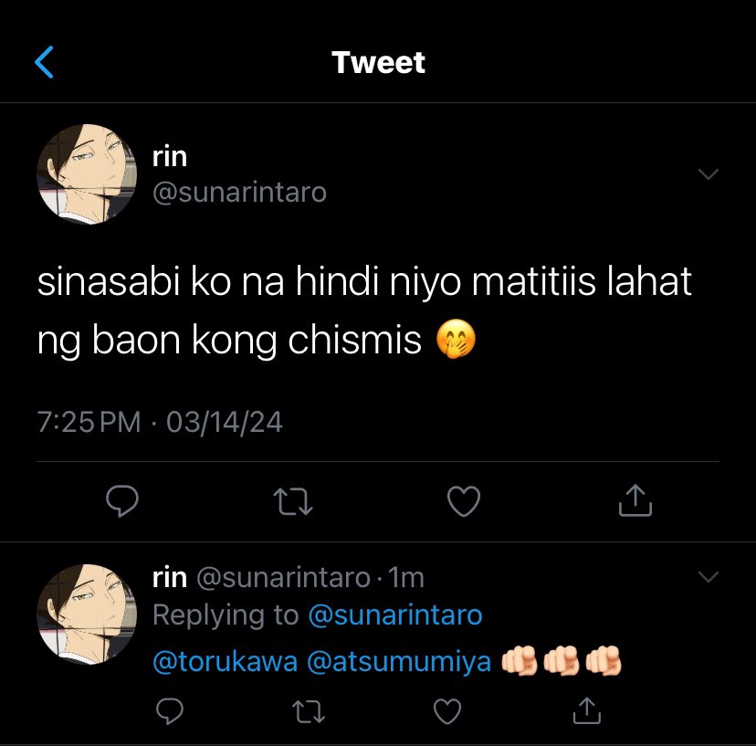 killuzumi's tweet image. #haikyuu filo au

si suna na provider ng chismis, si tooru na taga refill ng tsaa, at si atsumu na sumasalo ng lahat.