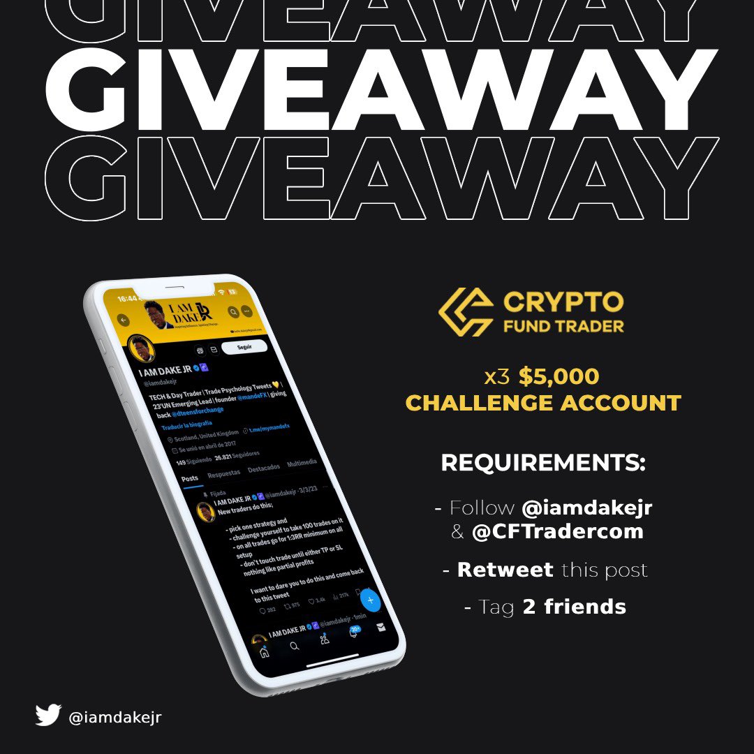 I AM DAKE JR (@iamdakejr) on Twitter photo Giveaway ππ
Iβll be giving out 3 X $5,000 <a href="/CFTradercom/">Crypto Fund Trader</a> account
All you have to do to win oneβ¦
β
Follow <a href="/CFTradercom/">Crypto Fund Trader</a> <a href="/iamdakejr/">I AM DAKE JR</a> @mandeFX @pipzinfx
β
Like and share this post
β
Tag 2 of your friends. Giveaway ππ
Iβll be giving out 3 X $5,000 <a href="/CFTradercom/">Crypto Fund Trader</a> account
All you have to do to win oneβ¦
β
Follow <a href="/CFTradercom/">Crypto Fund Trader</a> <a href="/iamdakejr/">I AM DAKE JR</a> @mandeFX @pipzinfx
β
Like and share this post
β
Tag 2 of your friends.