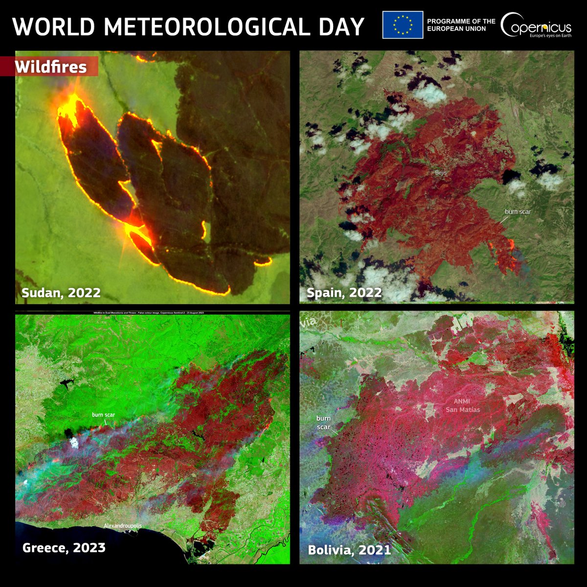 #WorldMeteorologicalDay 6/6 #Copernicus 🇪🇺🛰️ supports early warning systems and provides information on the extent and severity of #wildfires This helps to mitigate their impact on communities and #ecosystems around the world.