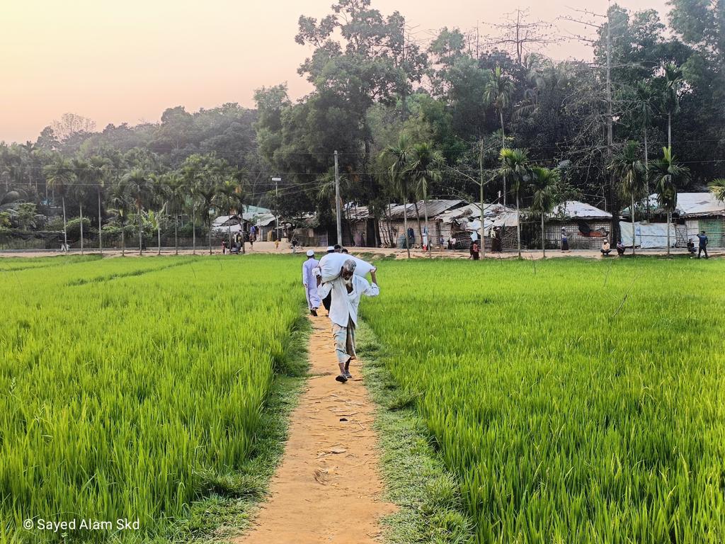 An elderly man was carrying a sack on his shoulder through a cultural paddy field.

#rohingyarefugees #CaptureTheMoment #VisualStorytelling  #LensCulture #UrbanExploration #PortraitPerfection #StreetPhotography #WanderlustVibes