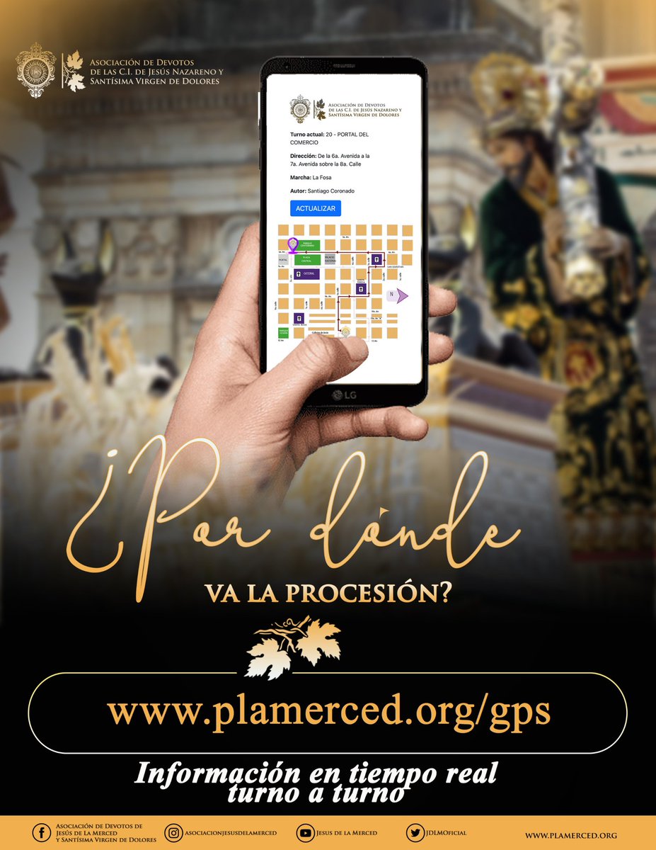 ¿Por dónde va la Procesión? 👉 plamerced.org/gps 📍 Haz clic y conoce en tiempo real el turno, marcha, y ubicación de cada cortejo mercedario. Infantil, La Reseña, Viernes Santo y Domingo de Resurrección. A.M.D.G. #SomosLaMerced