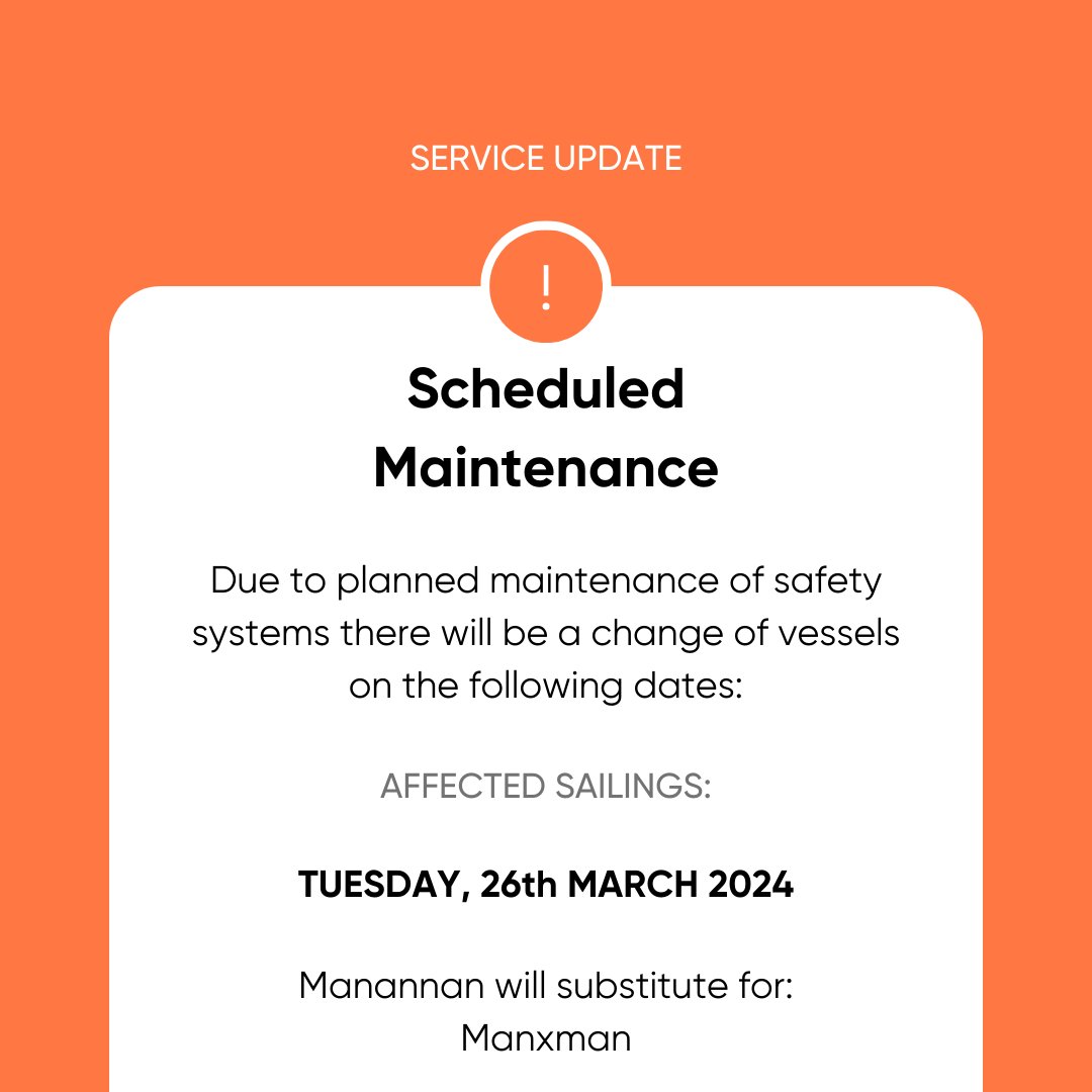 SERVICE UPDATE: Please note that due to planned maintenance of safety equipment, Manannan will operate Manxman's daytime sailings to and from Heysham on Tuesday 26th March. See steam-packet.com/latestsailings