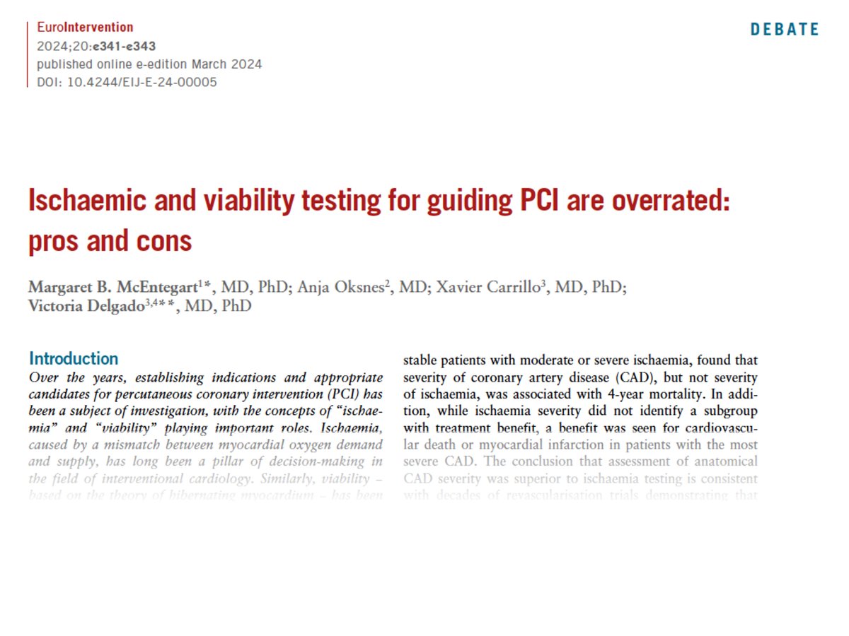 EIJ DEBATES 
Over the years, the use of "ischaemia" and "viability" has been crucial in deciding who undergoes percutaneous coronary intervention (PCI). Ischaemia, a mismatch in heart muscle oxygen demand and supply, and viability, indicating a temporarily weakened heart muscle,