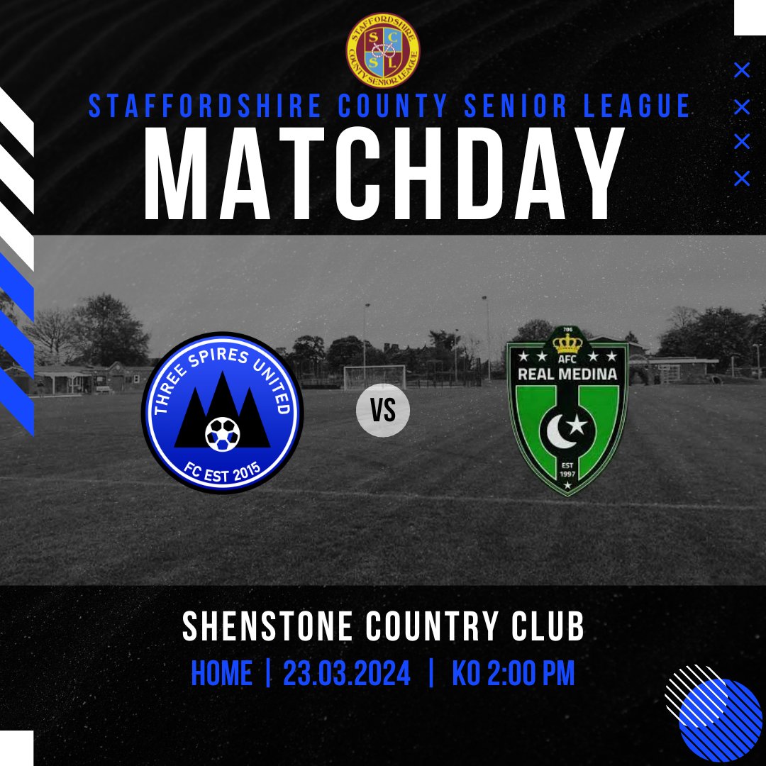 Three Spires United (@threespiresutd) on Twitter photo 🔵⚪️⚽️ MATCHDAY ⚽️⚪️🔵
Back in league action with a massive game against AFC Real Medina.
🏟️ Home
🆚 Opposition: AFC Real Medina
🕒 Kick-off: 2:00pm
<a href="/staffscountysl/">Staffordshire County Senior League</a>
<a href="/afc_medina/">AFC REAL MEDINA</a>
🔵⚽️ UTS ⚽️🔵 🔵⚪️⚽️ MATCHDAY ⚽️⚪️🔵
Back in league action with a massive game against AFC Real Medina.
🏟️ Home
🆚 Opposition: AFC Real Medina
🕒 Kick-off: 2:00pm
<a href="/staffscountysl/">Staffordshire County Senior League</a>
<a href="/afc_medina/">AFC REAL MEDINA</a>
🔵⚽️ UTS ⚽️🔵
