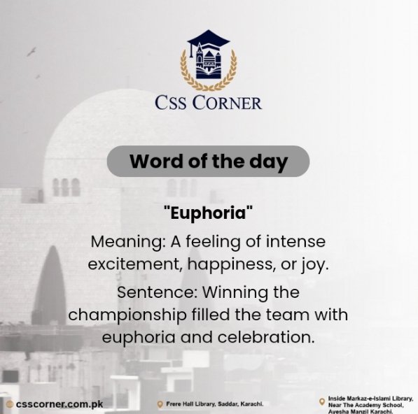 CSSCorner's tweet image. Word of the Day: Euphoria
Share your sentence in the comments below!
#wordoftheday #csscorner #sentences #englishvocabs #euphoria #meaning #helpful #vocabulary #preparation #AcademicSuccess #css