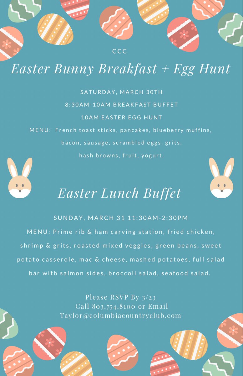 Today is the LAST DAY to RSVP for Easter festivities at CCC! *A professional photographer will be here on Saturday, March 30th to take pictures of your family with the Easter bunny!* RSVP BY THE END OF THE DAY! -Call 803.754.8100 or Email Taylor@columbiacountryclub.com