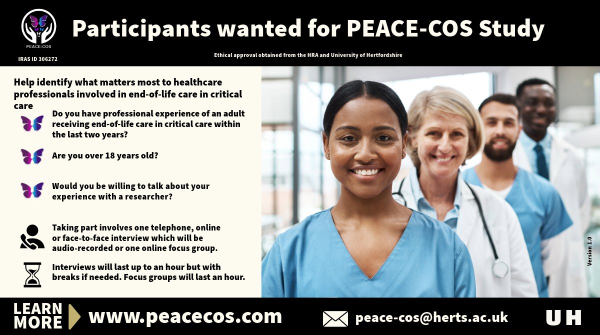 Can you help? We are looking for healthcare professionals to take part in an interview or online focus group with experience of #EndOFLifeCare in critical care. Our study will help improve future research peace-cos.com @EPCINetwork @drnatpat @ICULone @Research2note