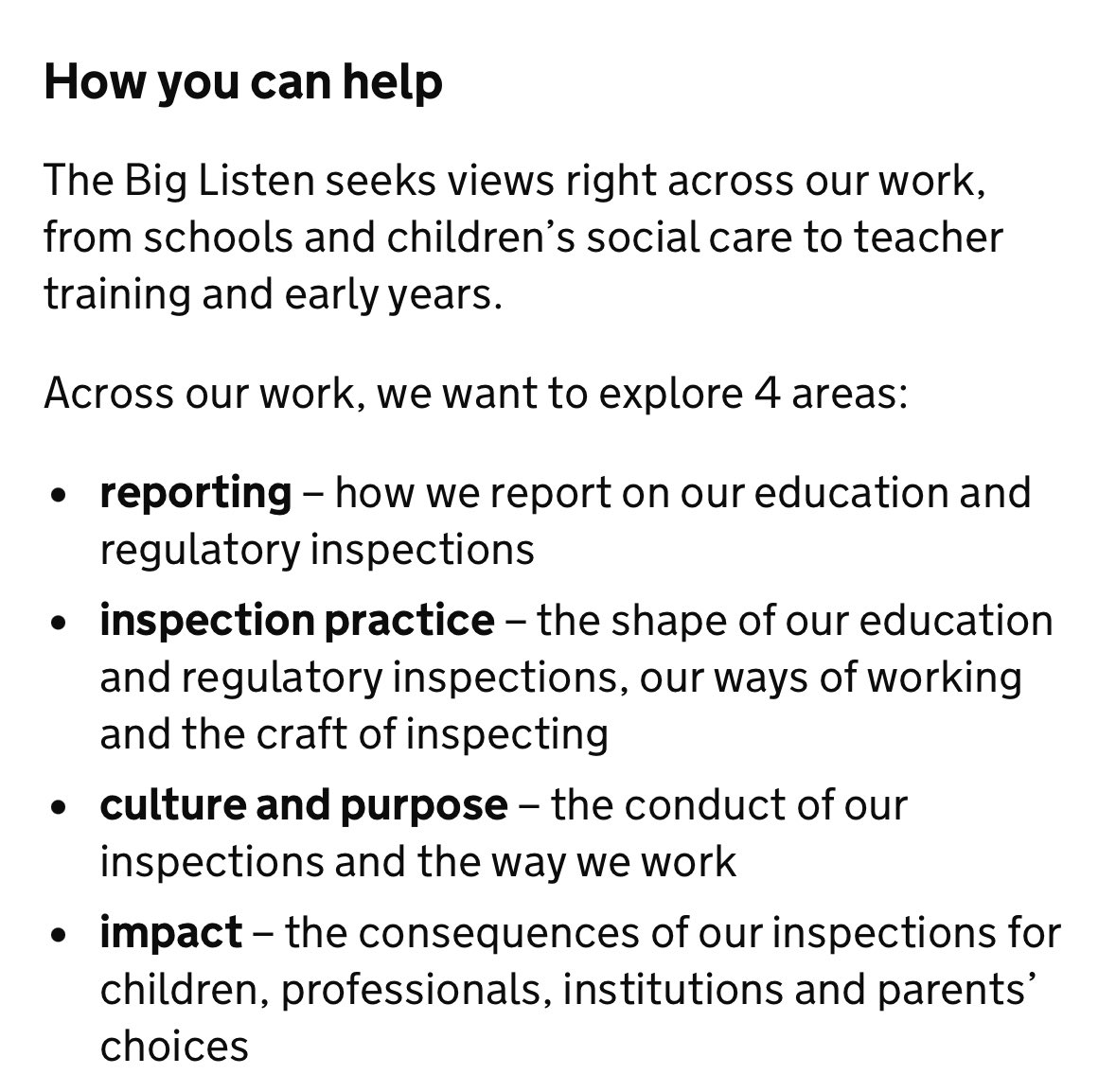 Huge thanks to all who have already filled in the @Ofstednews #BigListen questionnaire. We want to hear from everyone - staff, governors, children and parents. Nothing is off the table - if we haven’t asked something, just add it to the text boxes. gov.uk/government/con…