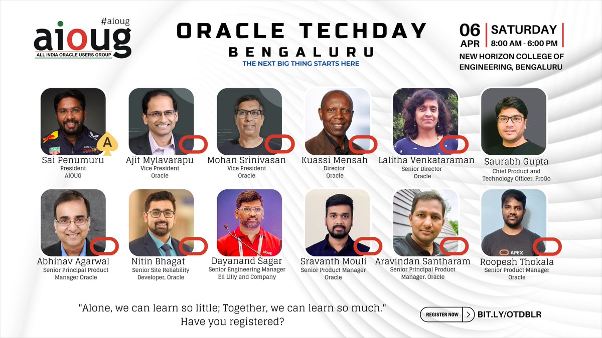 All India Oracle Users Group (AIOUG) (@aioug) on Twitter photo We're excited to extend a warm invitation toย ๐๐ซ๐๐๐ฅ๐ ๐๐๐๐ก๐๐๐ฒ ๐๐๐ง๐ ๐๐ฅ๐ฎ๐ซ๐ฎ, taking place on April 6, 2024!
Oracle TechDay Bengaluru promises to be an enriching experience filled with invaluable insights, learning opportunities, and the chance to connect with the We're excited to extend a warm invitation toย ๐๐ซ๐๐๐ฅ๐ ๐๐๐๐ก๐๐๐ฒ ๐๐๐ง๐ ๐๐ฅ๐ฎ๐ซ๐ฎ, taking place on April 6, 2024!
Oracle TechDay Bengaluru promises to be an enriching experience filled with invaluable insights, learning opportunities, and the chance to connect with the
