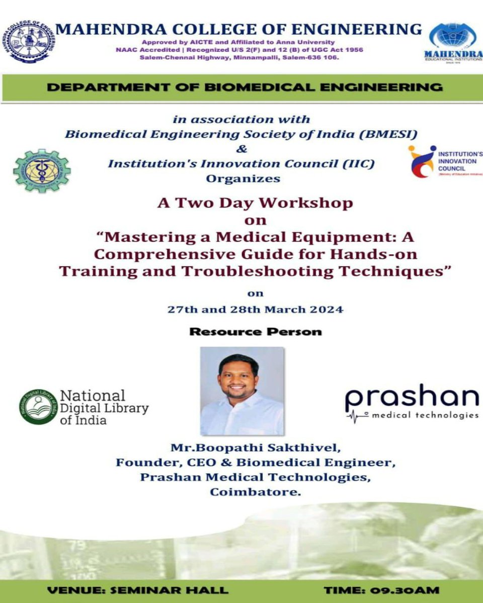 MedicalPrashan's tweet photo. Delighted to be a part of two days workshop on "Mastering a Medical Equipment: A Comprehensive Guide for Hands-on Training and TroubleshootingTechniques" organized by Department of biomedical engineering, Mahendra College of Engineering, Salem. https://t.co/hvNxZ8xoBz