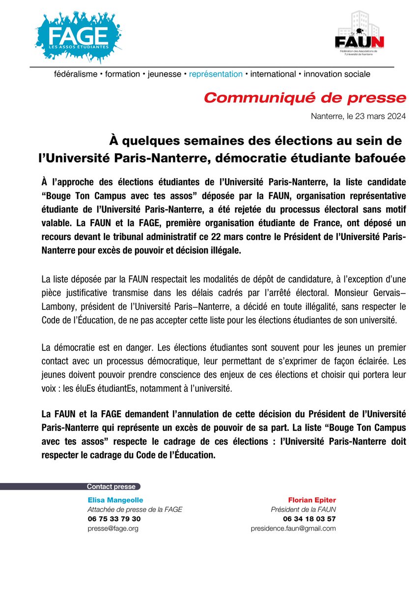 #CDP | La FAUN et La FAGE font recours suite au rejet de la liste Bouge Ton Campus par le président de @UParisNanterre aux élections étudiantes. La démocratie étudiante est danger. Le président de @UParisNanterre doit respecter le code de l'éducation !