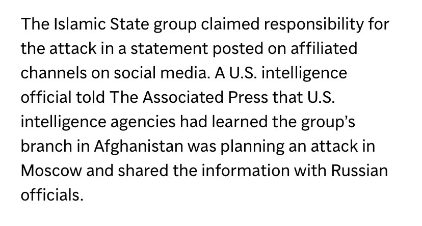 Reported a couple weeks ago about Taliban underplaying risk that ISKP poses to the region. Today, US intelligence confirm the Moscow attack was in fact planned in Afghanistan. Bigger picture here is being seriously overlooked; my piece @thedailybeast thedailybeast.com/isis-is-back-a…