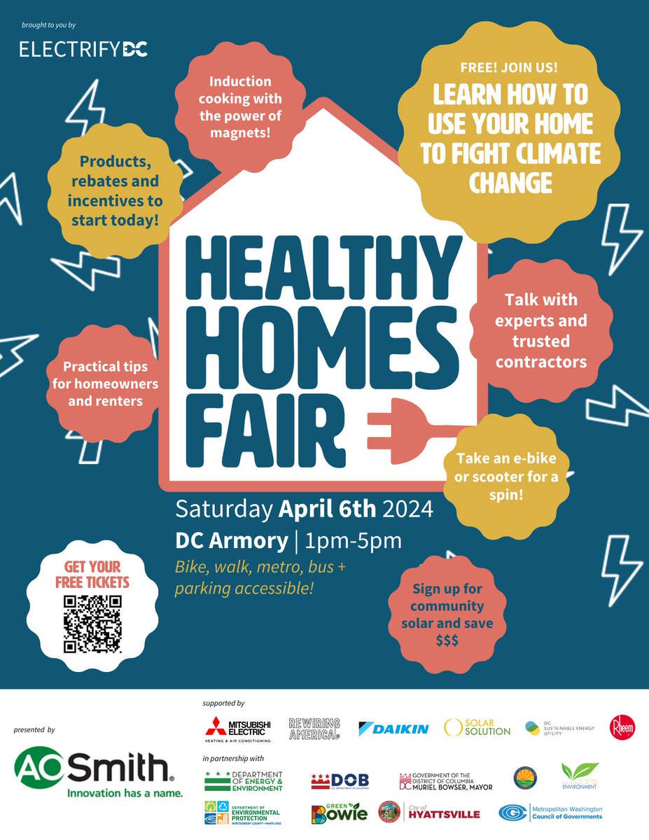ElectrifyDC's tweet photo. 70+ exhibitors, induction cooking demonstrations, e-bike tasting party, heat pump "petting zoo”, and scavenger hunts to win prizes and learn how to use your home to fight climate change. On Saturday, April 6th at the DC Armory. Register for free now https://t.co/pND3m1gA5p https://t.co/K9vQHGcFmP
