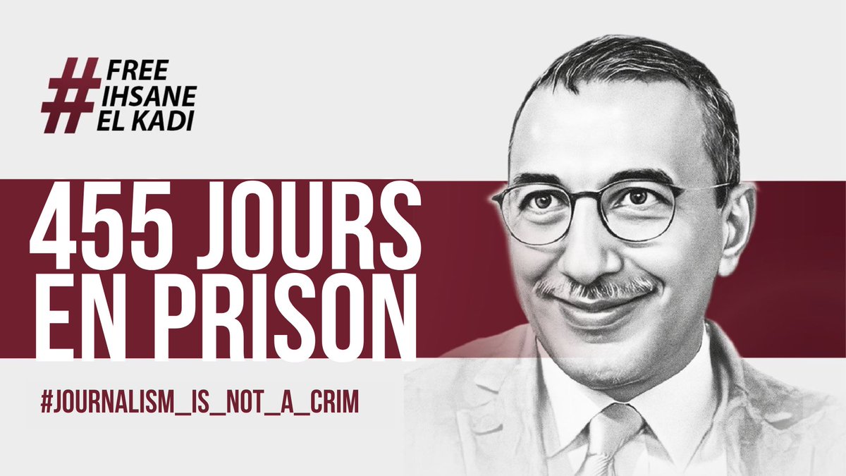 maghrebemergent's tweet photo. Le journaliste et directeur de  @RadioMPost et @maghrebemergent, @ElkadiIhsane, est en détention depuis 455 jours.
#freeihsaneelkadi https://t.co/siS43Zr0wE