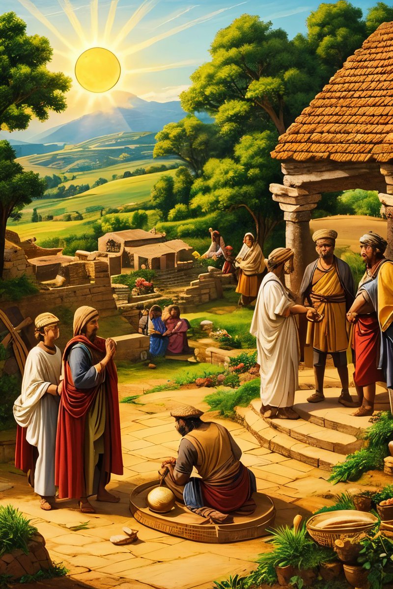 Ares0_01's tweet photo. The Iron Age is usually associated with bloodshed, and warfare. However, we ignore the social aspect of it and the way people used to conduct their regular lives.. This picture represent villagers gather in a peaceful marketplace, exchanging goods and stories, under a warm sun. https://t.co/uYSa2Aq4bk