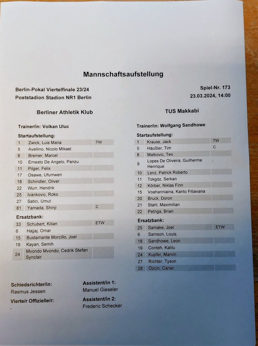 eggebr1's tweet photo. Die Aufstellung beim Pokalspiel 
@BerlinerAK07 https://t.co/K4ejPuTbuN