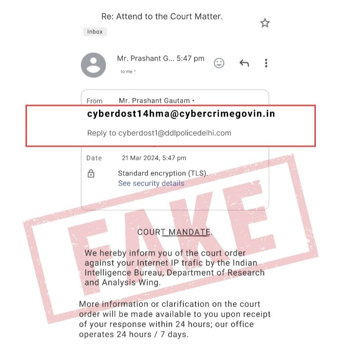 सावधान रहें!
I4C के ई मेल आईडी की तरह दिखने वाले, cyberdost14hma@cybercrimegovin.in जैसे फिशिंग ई-मेलों से सावधान रहें।
किसी भी लिंक पर क्लिक करने से पहले और किसी भी व्यक्तिगत जानकारी को साझा करने से पहले ईमेल के स्रोत की पुष्टि करें। #I4C #MHA #Cyberdost <a href="/HMOIndia/">गृहमंत्री कार्यालय, HMO India</a> <a href="/FinMinIndia/">Ministry of Finance</a>#