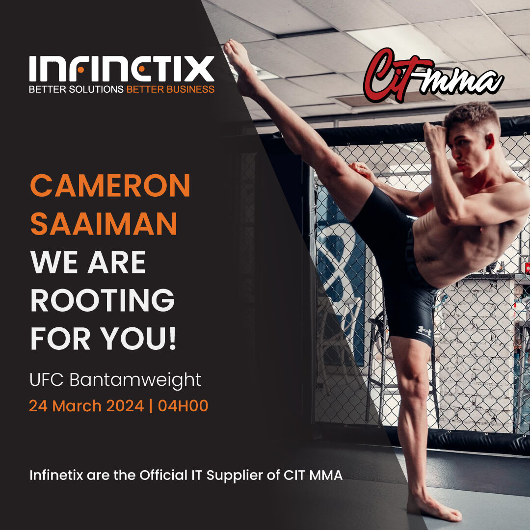 Wishing @Cameron_Saaiman the best of luck from all of us at Infinetix for your bantamweight UFC fight tomorrow at ± 4am SA time! 🇿🇦💪 Your dedication and hard work inspire us all, now go show them what you're made of! 💥👊 Infinetix are the proud IT suppliers of @TeamCITMMA