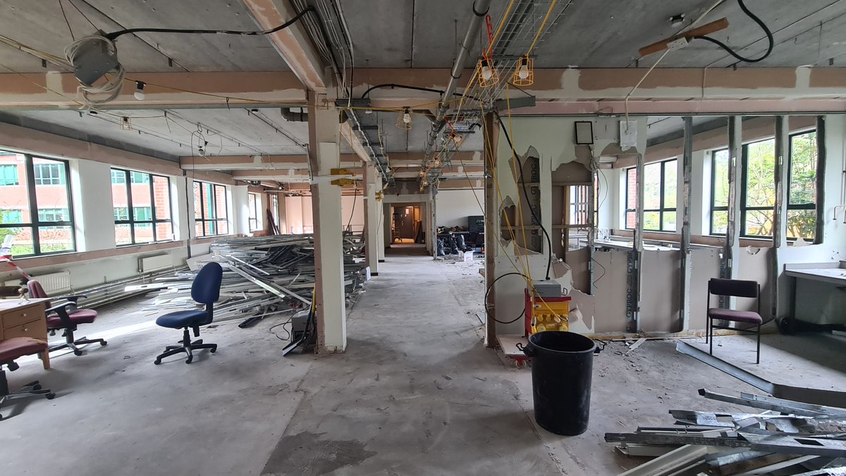 Silwoodians. This is what the ground floor of Munro looks like this morning. The 1987 vintage offices and labs have been stripped out to make way for a modern, open-plan lab space. On the left, you see Kennedy Building through the window, and Hamilton on the right.
