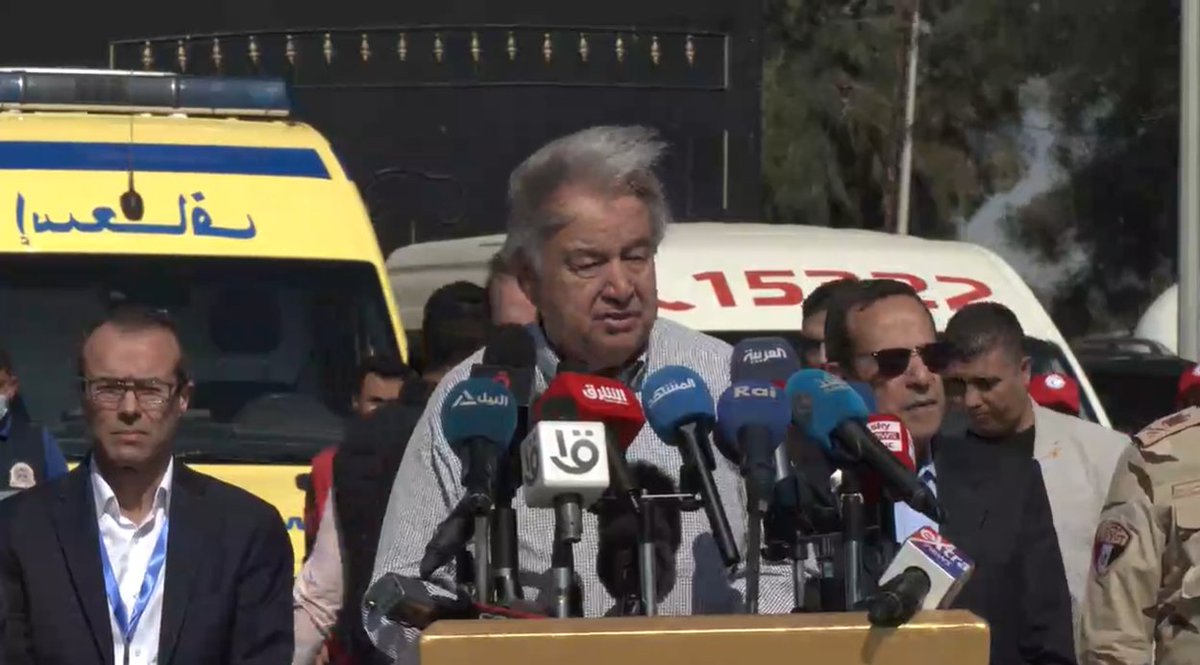 'It's enough,' UN Secretary-General @antonioguterres tells journalists at the Rafah border crossing, calling for an immediate ceasefire and for aid to flood Gaza. More here ⤵️ news.un.org/en/story/2024/…