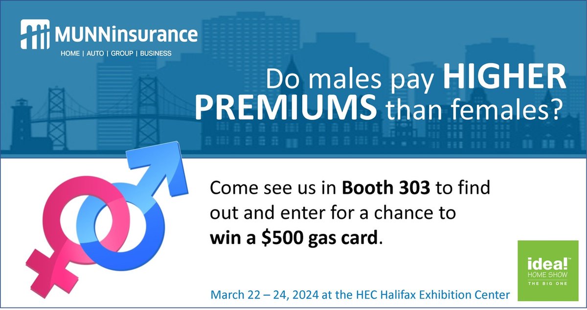 MunnInsurance's tweet image. 🚗💰 Curious about insurance? Visit the fine folks at Munn Insurance in Booth 303 at the Nova Scotia Spring Ideal Home Show! Find out if there is a difference in insurance rates for men and women and enter for a chance to win a $500 gas gift card! 🏠✨