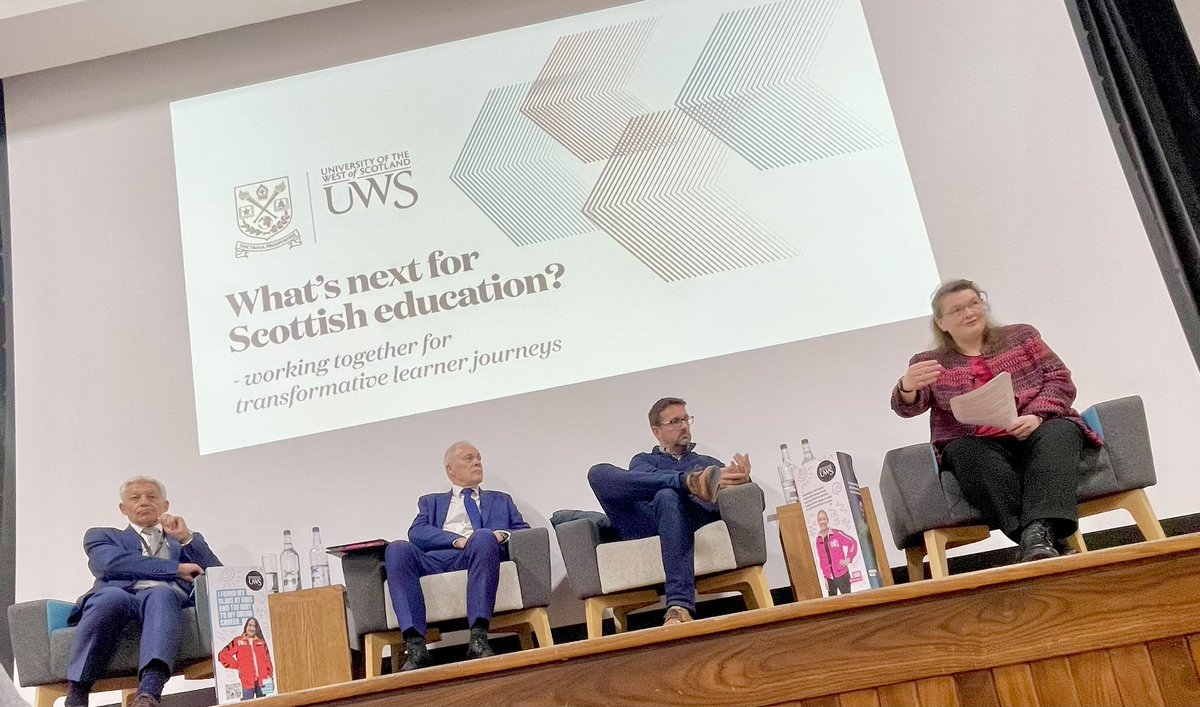 Visionary and energising event yesterday @UniWestScotland hosted by Principal James Miller FRSE with Prof Ken Muir, James Withers and Prof Rachel Cragg discussing the future of education in Scotland. Agreement from all regarding the need for reform, collaboration and being bold.