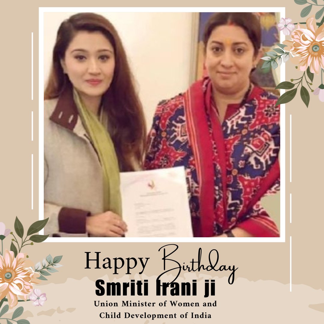 Wishing the Union Minister Smt. Smriti Irani Ji a birthday filled with love, laughter, and continued success. May your vision for a better future for women and children continue to shine brightly💐 @smritiirani
