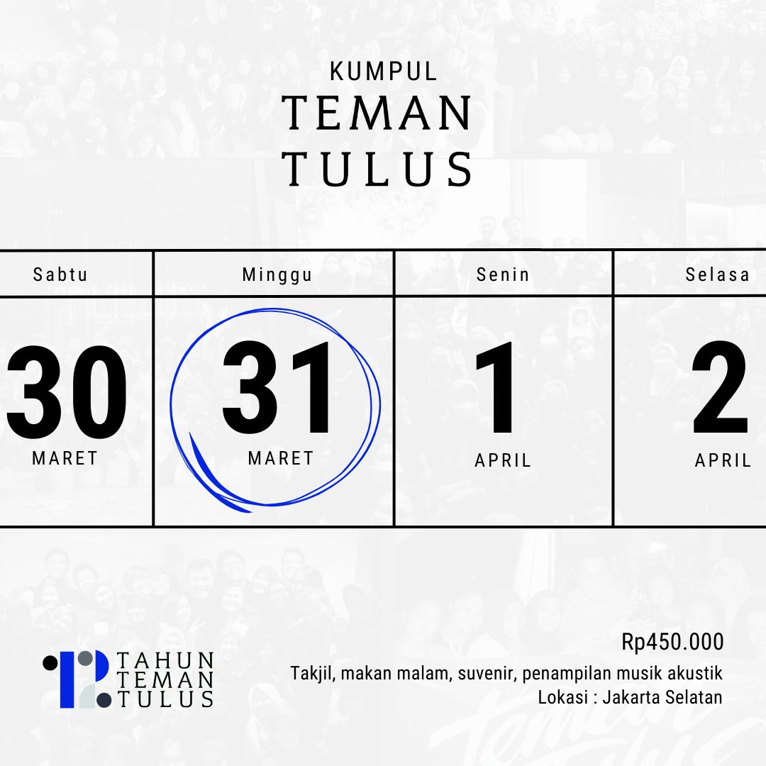 temantulus's tweet image. Mari rayakan perjalanan kebersamaan #12TahunTemanTULUS dengan berbuka puasa bersama melalui kegiatan #KumpulTemanTULUS.

Pendaftaran telah kami buka. Silakan kunjungi tautan berikut
bit.ly/KumpulTemanTUL…

Teman TULUS di mana pun kalian berada, sampai jumpa!