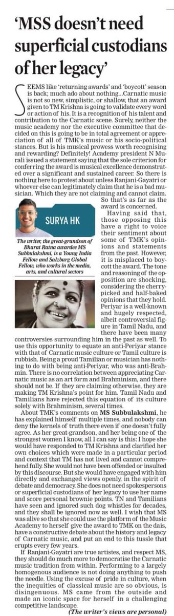 MS Subbulakshmi's great-grandson @theSuryaHK shares a more balanced voice amidst all the hullabaloo involving @tmkrishna Sangita Kalanidhi and The Music Academy. Do read