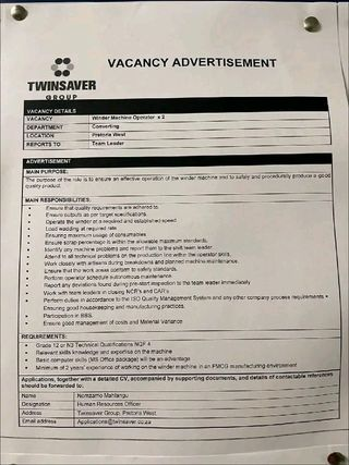TwinSaver is hiring!
Mechanical Fitter
Winder Machine Operators x2
Core Winder Operator
Safety, Health, Environment and Quality Officer
Location: Pretoria
Send your CV, accompanied with supporting documents to Applications@twinsaver.co.za