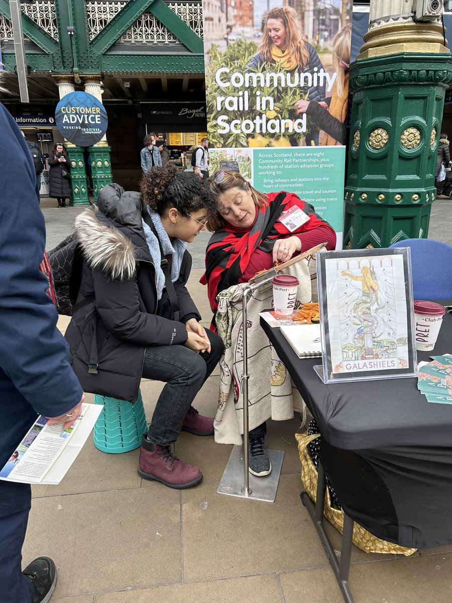 CommRailGeekery's tweet image. Stitching event @ Waverley today with @RailBorders & @susanmfinlayson. People from all around the world, including Queen Camilla, have added stitches to the Borders Railway Tapestry Panel to be displayed @ Galashiels Transport Interchange. @CrossCountryUK @ScotRail #communityrail