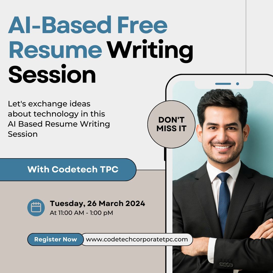Codetechtpc's tweet image. Hurry up and secure your spot for the AI-based resume writing session before registration closes in 2 days!

 Limited seats available.
 For more details, 

Contact us via WhatsApp or Call at +91 9307467073. 
Office No 304, Deccan Heights, Near Deccan Bus Stop,JM Road,Deccan, Pune